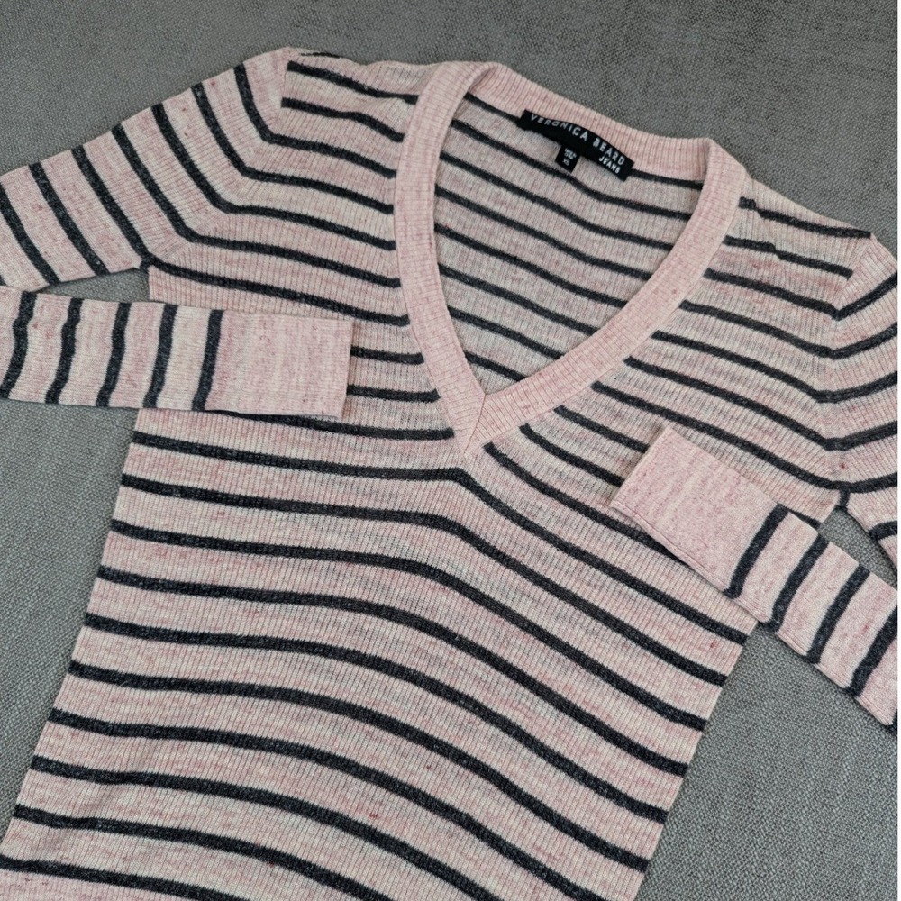 Veronica Beard Jeans Sweater Womens XS Pink Navy V-Neck Striped Linen Blend